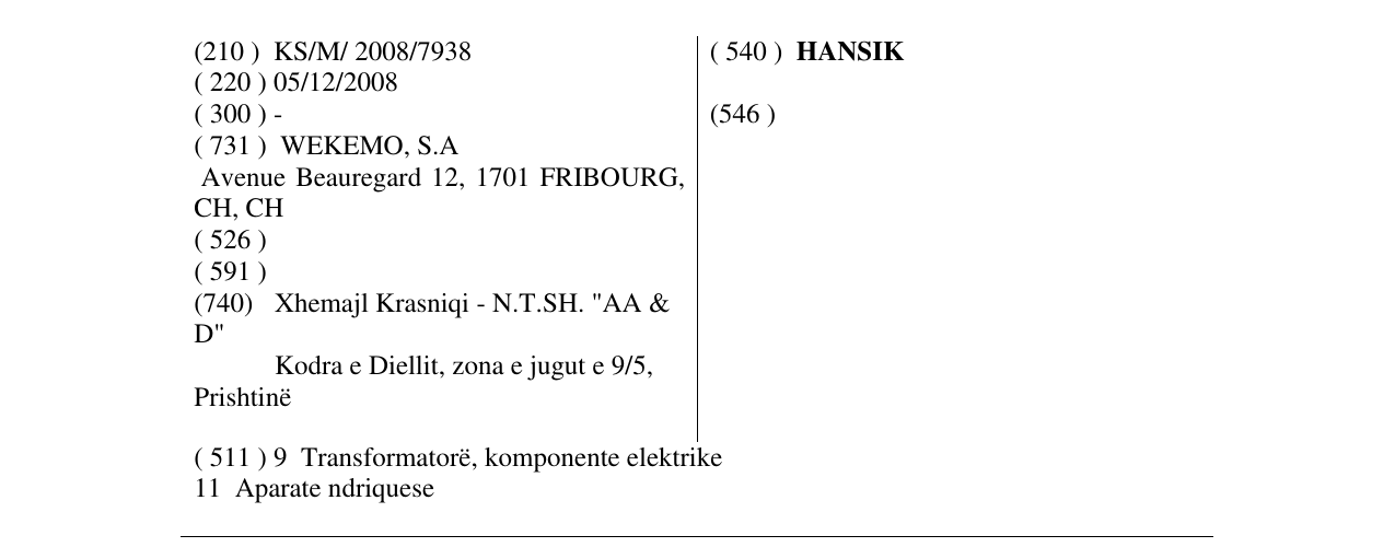 Zëri i markës HANSIK në buletin