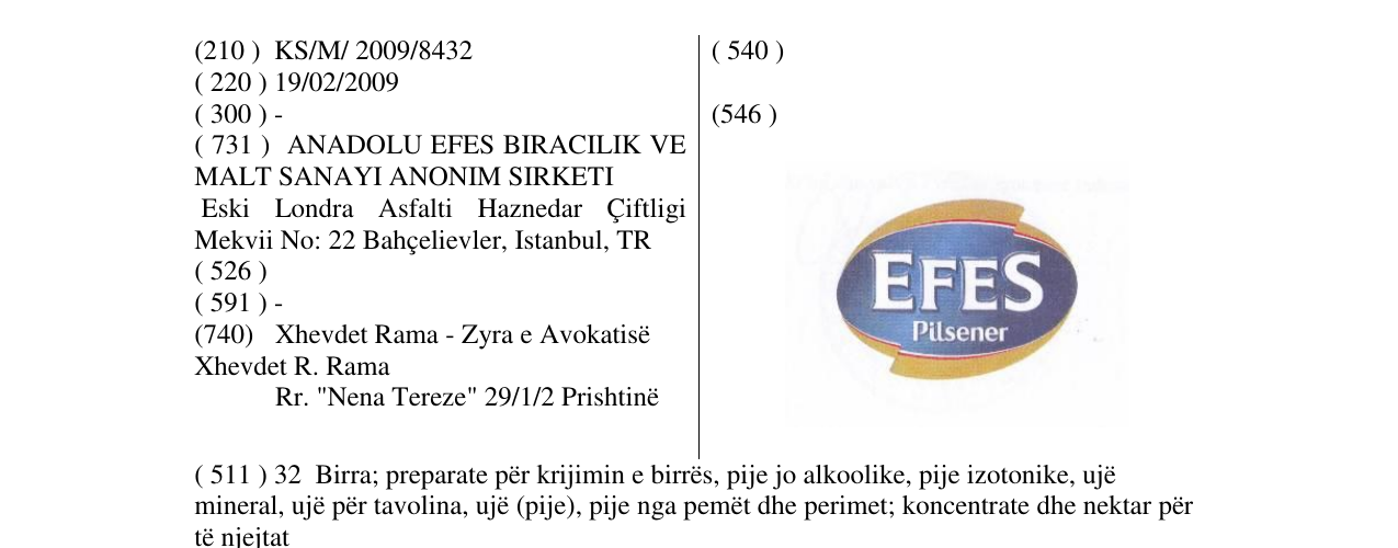 Zëri i markës EFES Pilsener në buletin