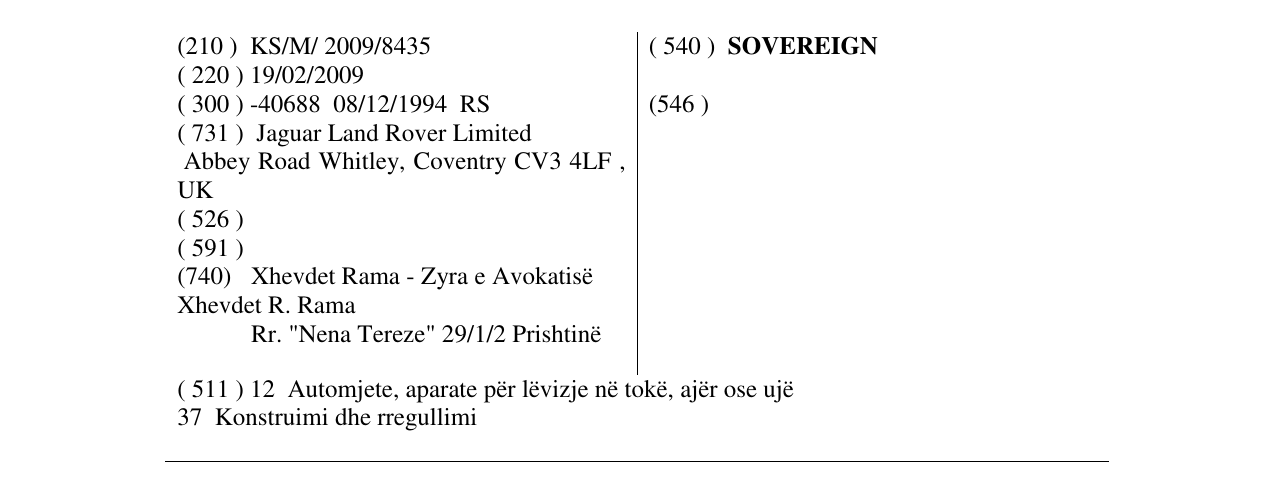 Zëri i markës SOVEREIGN në buletin