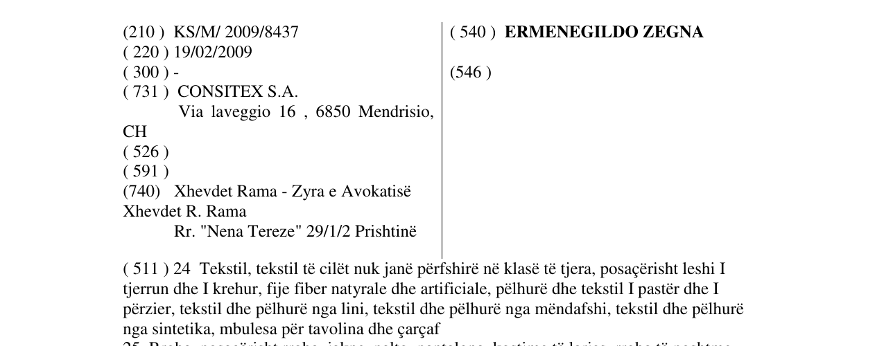 Zëri i markës ERMENEGILDO ZEGNA në buletin
