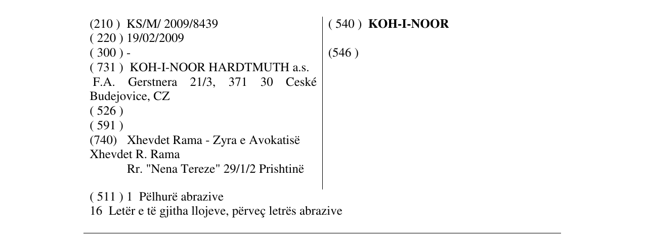Zëri i markës KOH-I-NOOR në buletin