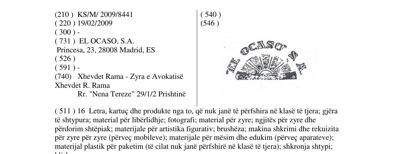 Zëri i markës EL OCASO S A në buletin