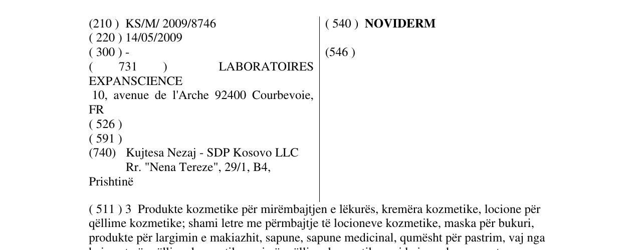 Zëri i markës NOVIDERM në buletin