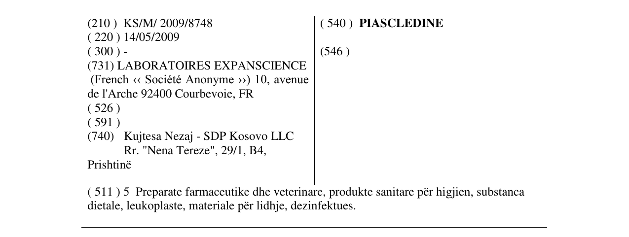 Zëri i markës PIASCLEDINE në buletin