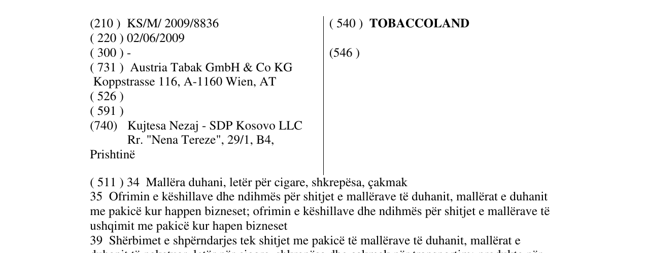 Zëri i markës TOBACCOLAND në buletin