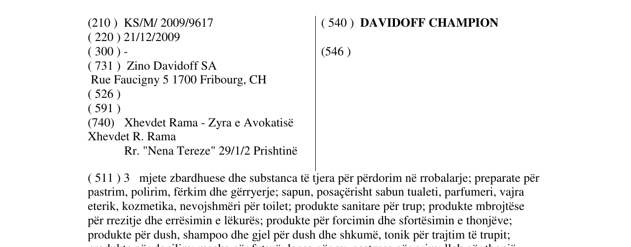 Zëri i markës DAVIDOFF CHAMPION në buletin