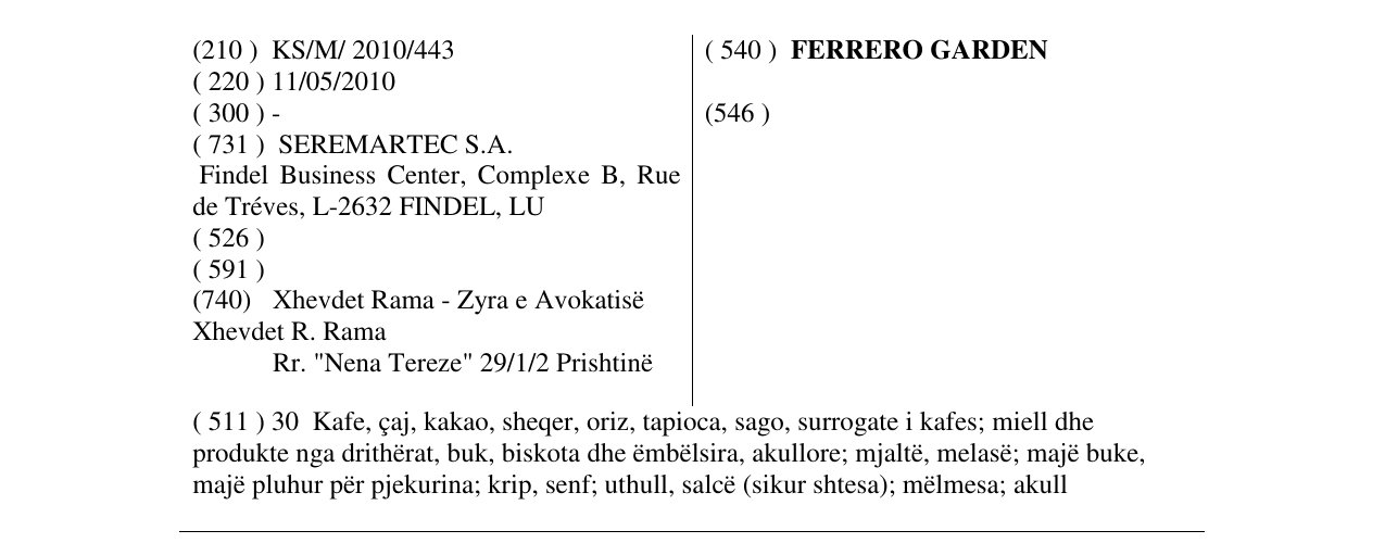 Zëri i markës FERRERO GARDEN në buletin