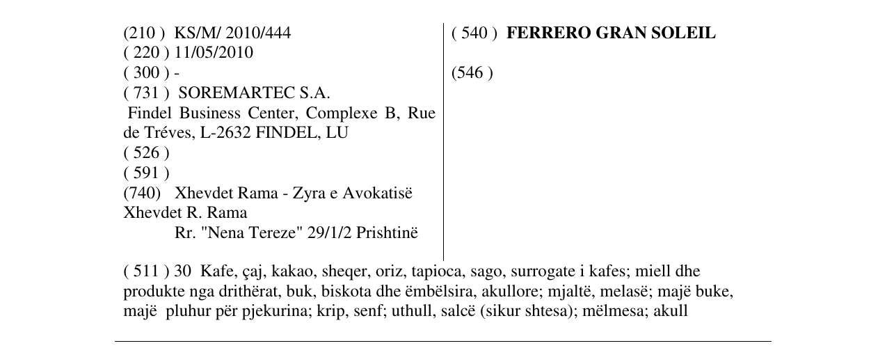Zëri i markës FERRERO GRAN SOLEIL në buletin