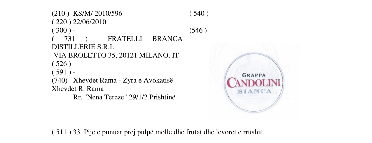 Zëri i markës GRAPPA CANDOLINI BIANCA në buletin