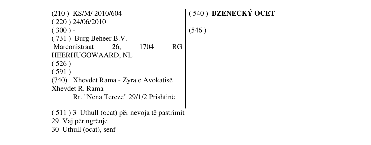 Zëri i markës BZENECKÝ OCET në buletin