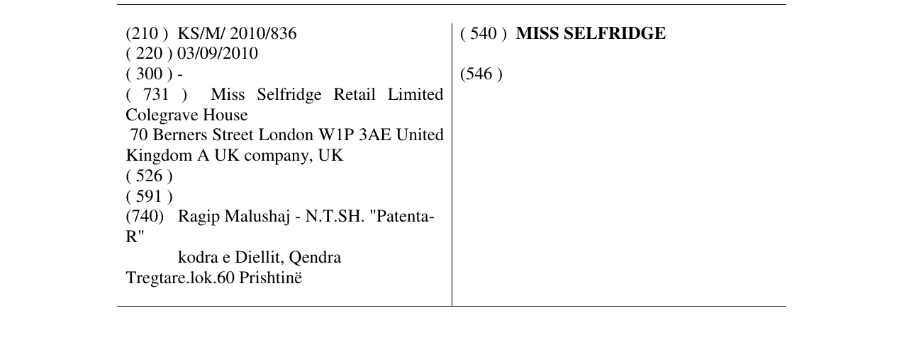 Zëri i markës MISS SELFRIDGE në buletin