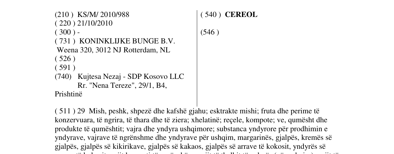 Zëri i markës CEREOL në buletin