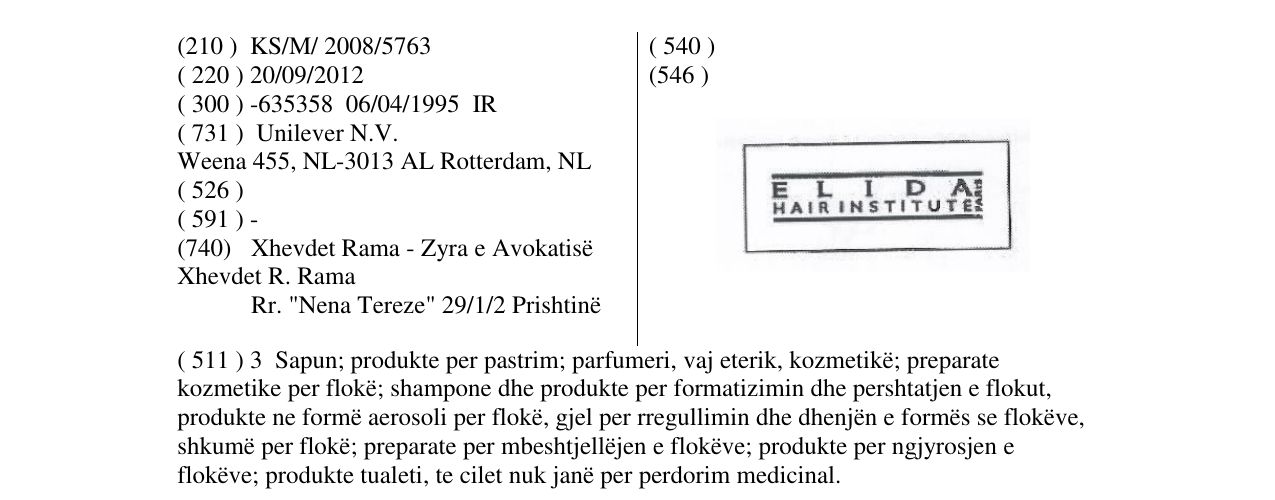Zëri i markës ELIDA HAIRINSTITUTE PARIS në buletin