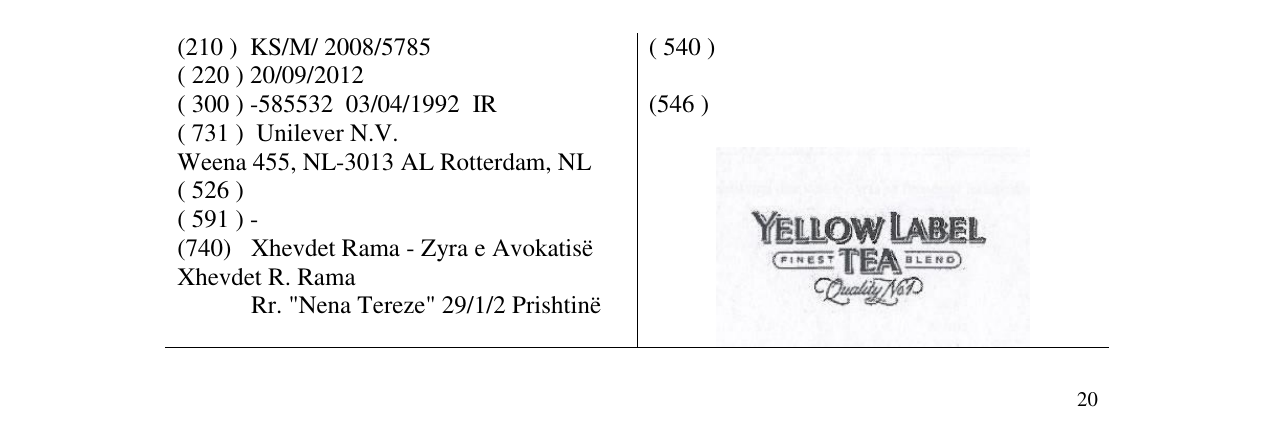 Zëri i markës YELLOW LABEL TEA në buletin