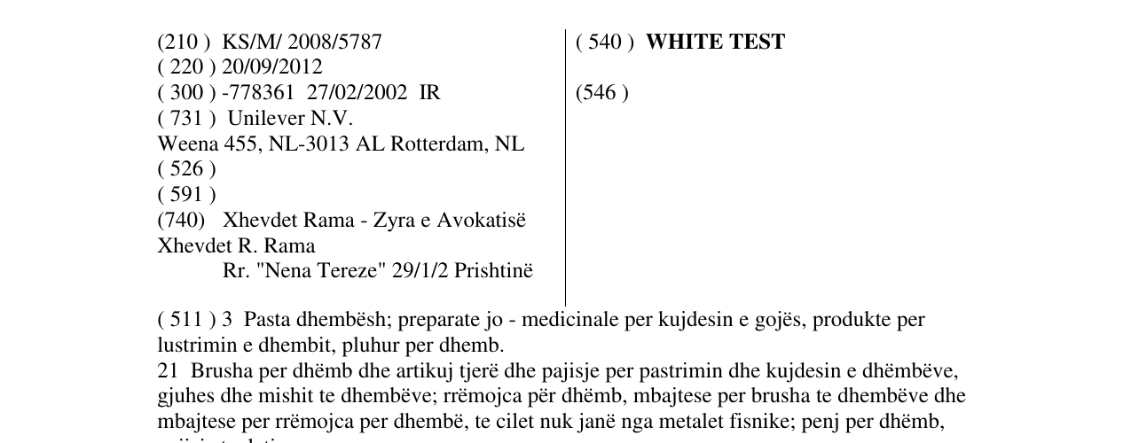 Zëri i markës WHITE TEST në buletin