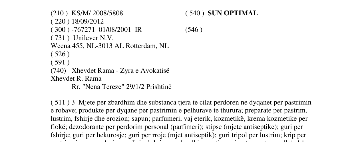 Zëri i markës SUN OPTIMAL në buletin