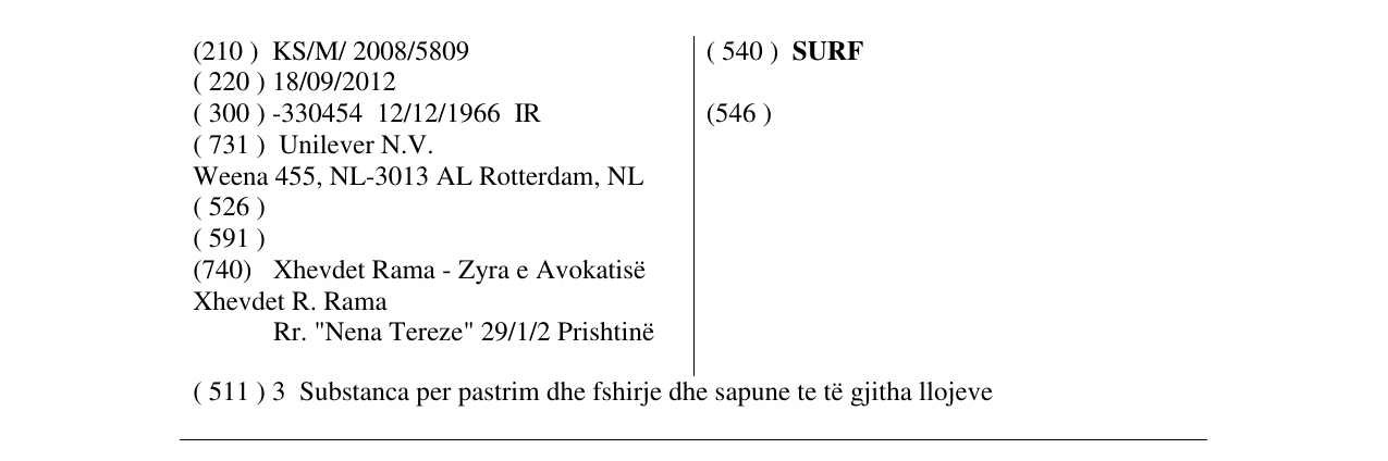 The entry of the trademark SURF in the bulletin