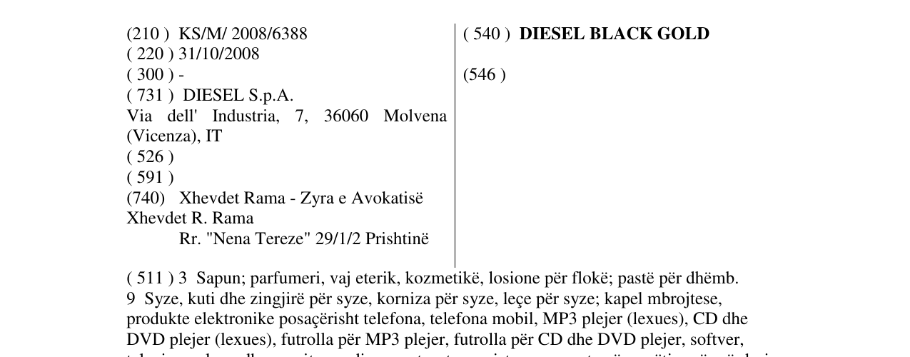 Zëri i markës DIESEL BLACK GOLD në buletin