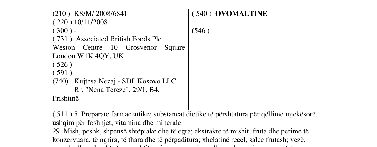 Zëri i markës OVOMALTINE në buletin
