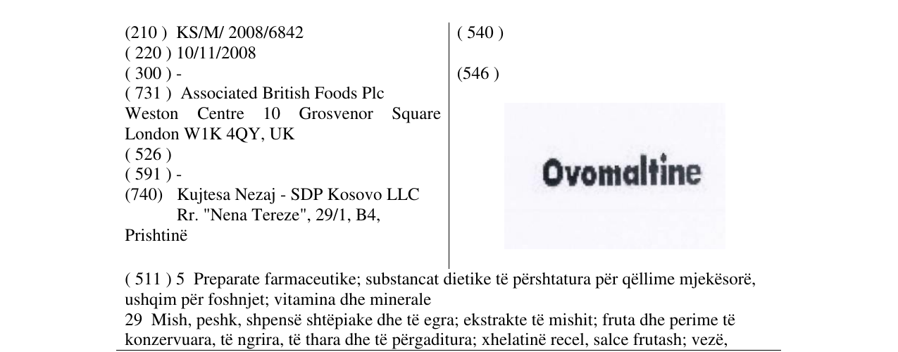 Zëri i markës Ovomaltine në buletin