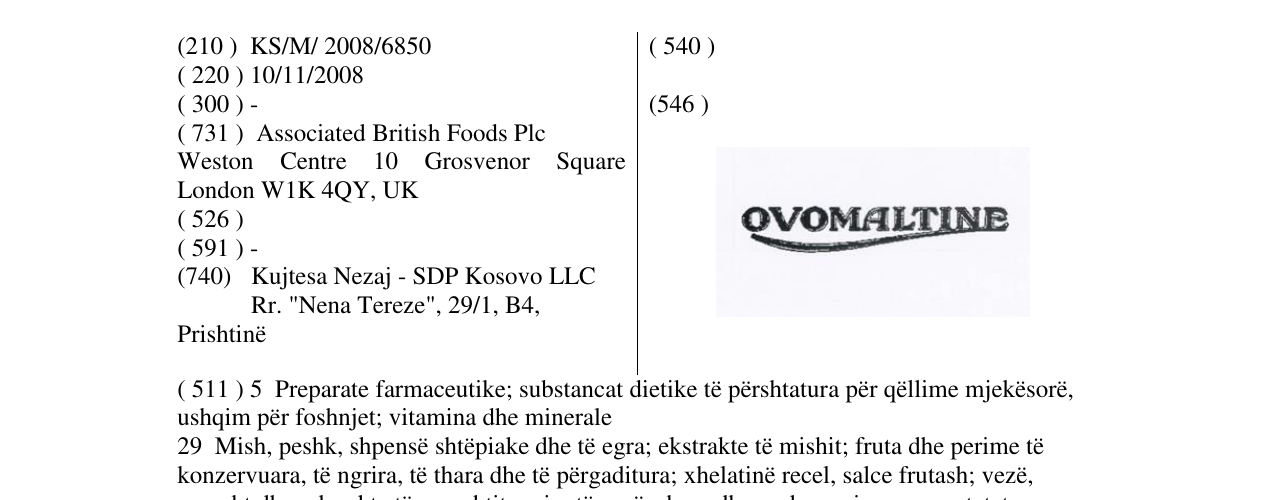 Zëri i markës OVOMALTINE në buletin