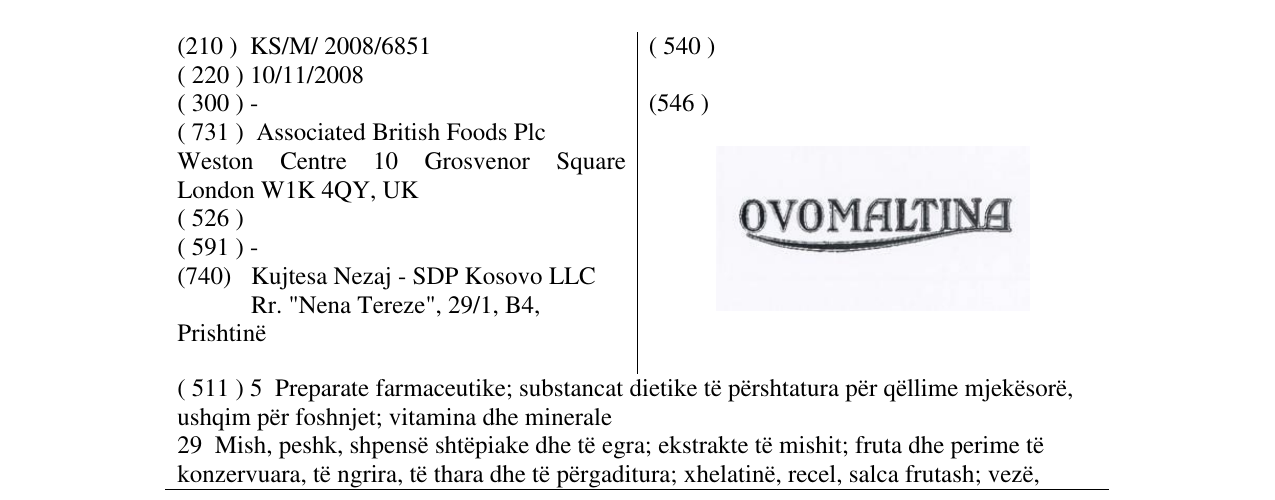 Zëri i markës OVOMALTINA në buletin