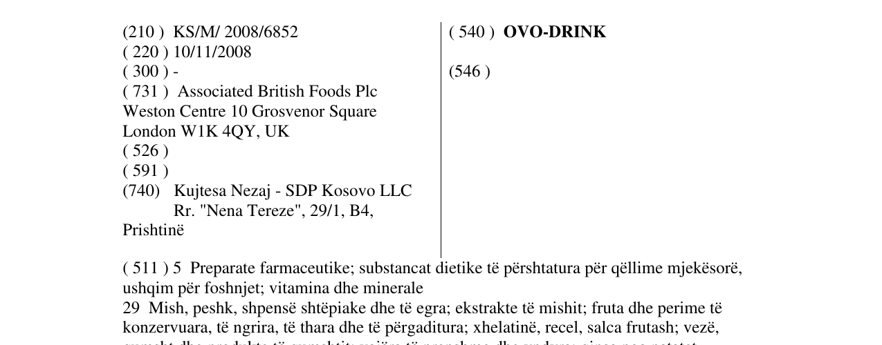 Zëri i markës OVO-DRINK në buletin