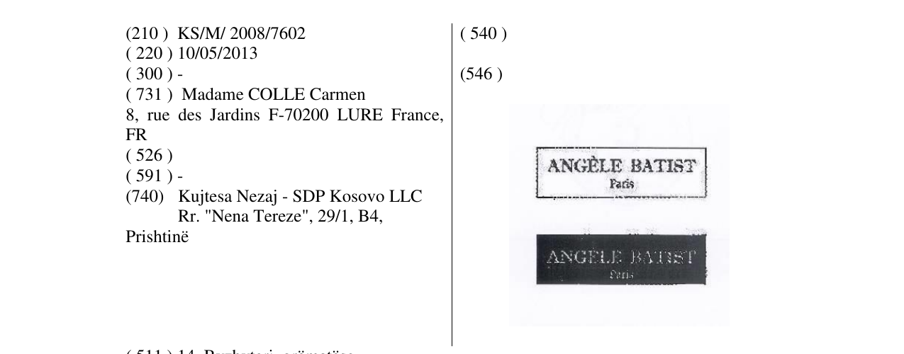 Zëri i markës ANGÉLE BATIS PARIS në buletin