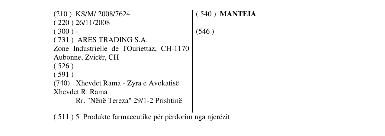 Zëri i markës MANTEIA në buletin