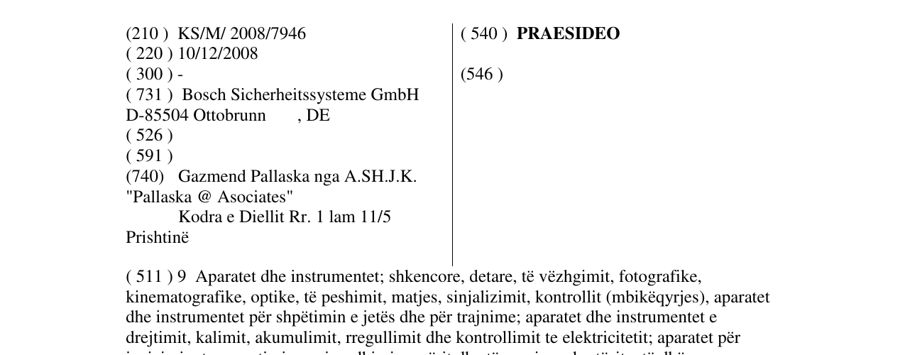 Zëri i markës PRAESIDEO në buletin