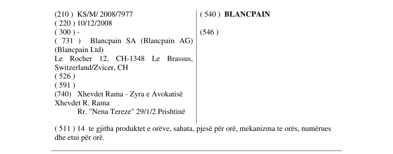 Zëri i markës BLANCPAIN në buletin
