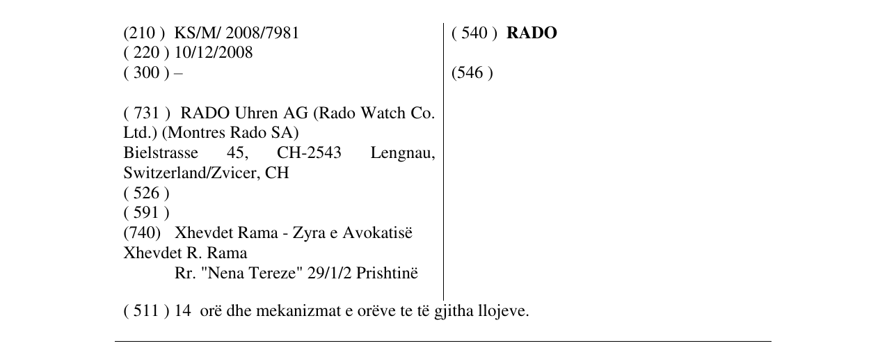 Zëri i markës RADO në buletin