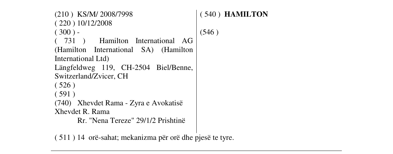 Zëri i markës HAMILTON në buletin