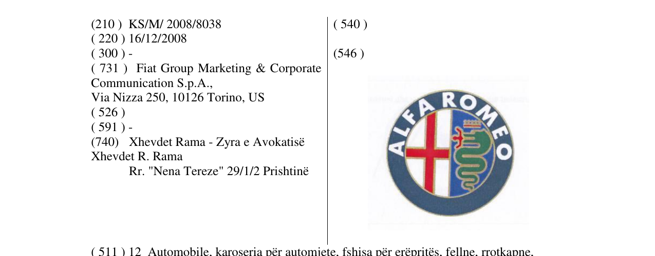Zëri i markës ALFA ROMEO në buletin