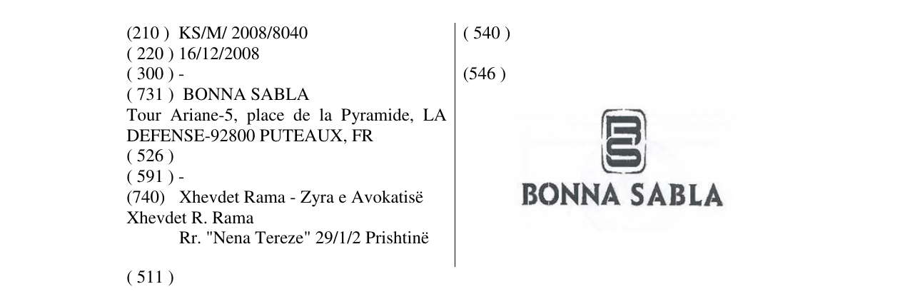 Zëri i markës BONNA SABLA në buletin