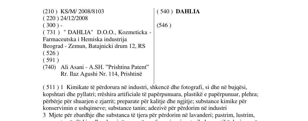 Zëri i markës DAHLIA në buletin