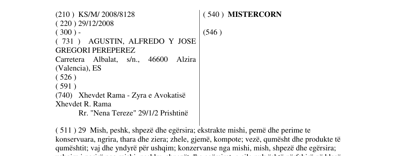 Zëri i markës MISTERCORN në buletin