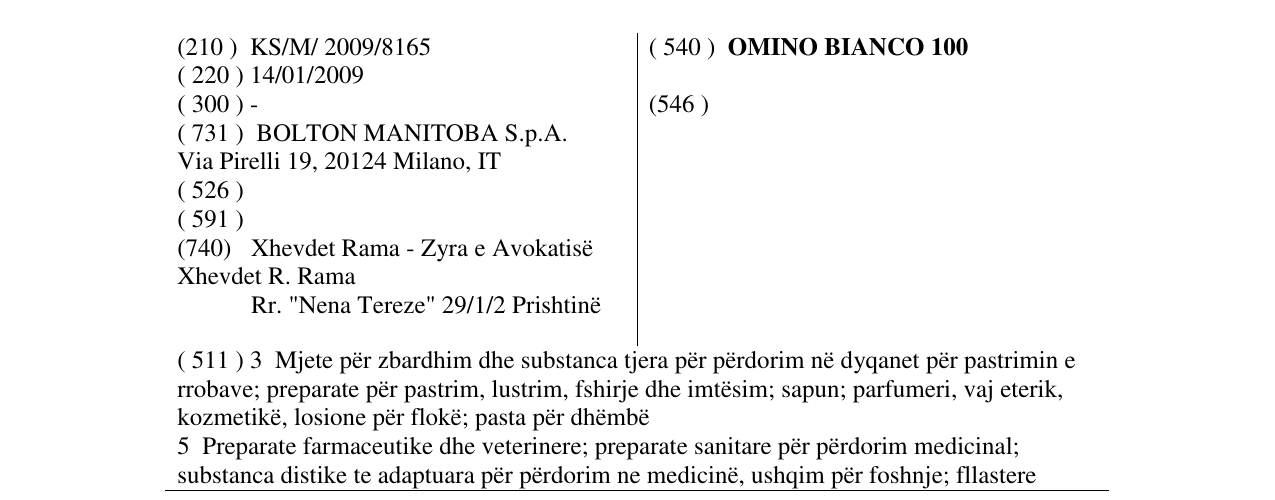 Zëri i markës OMINO BIANCO 100 në buletin