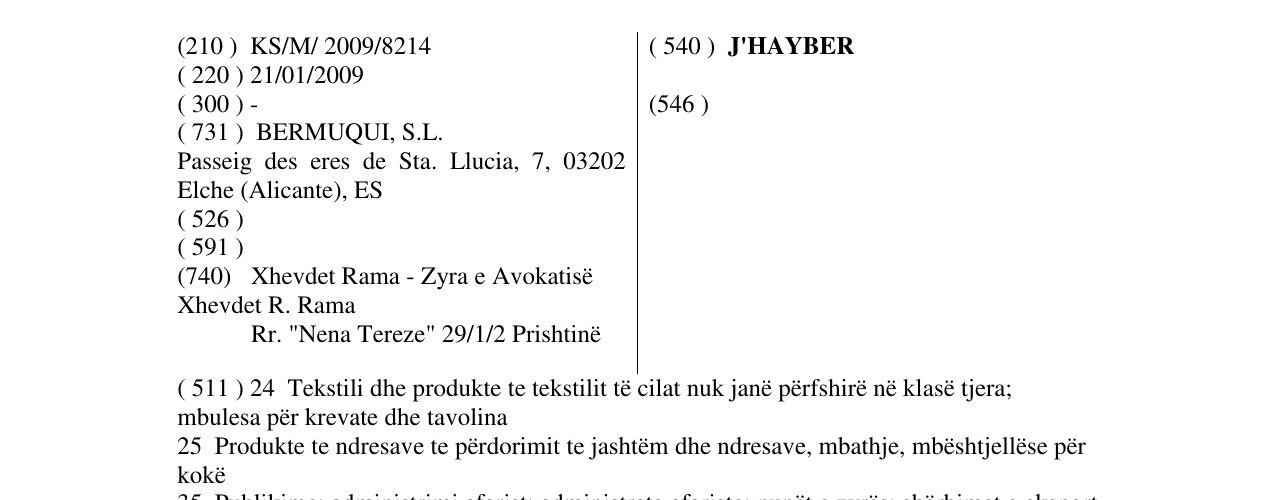 Zëri i markës J'HAYBER në buletin