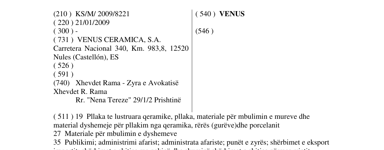 Zëri i markës VENUS në buletin