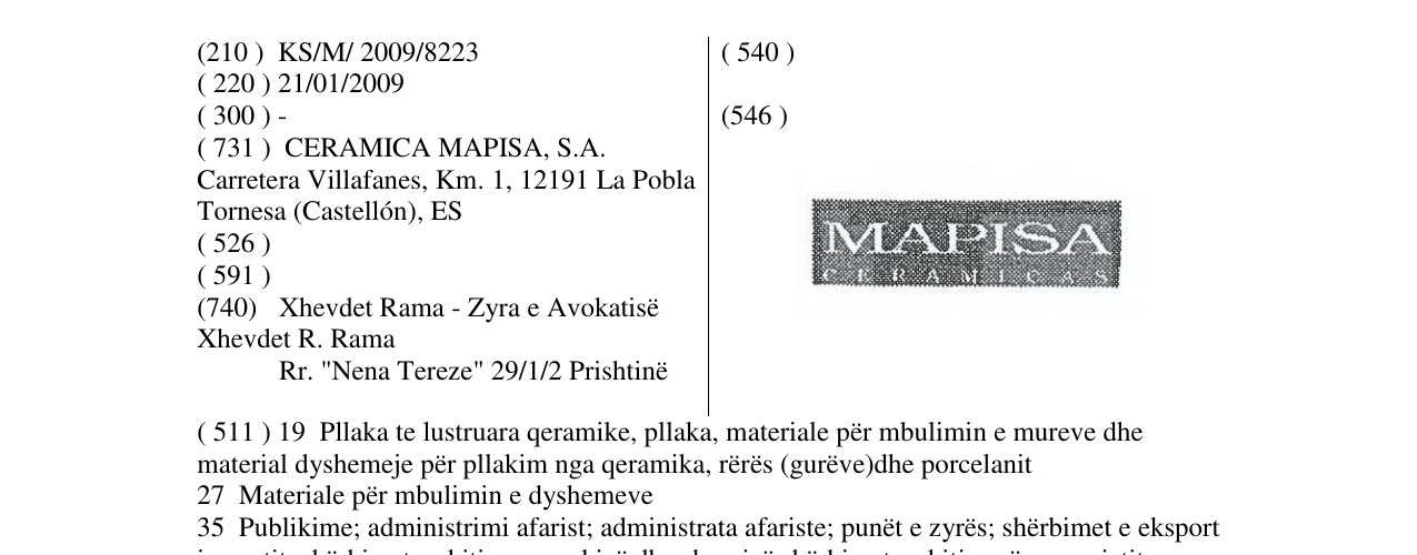 Zëri i markës MAPISA CERAMICAS në buletin
