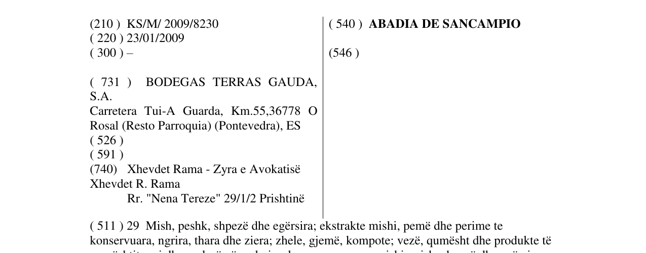 Zëri i markës ABADIA DE SANCAMPIO në buletin