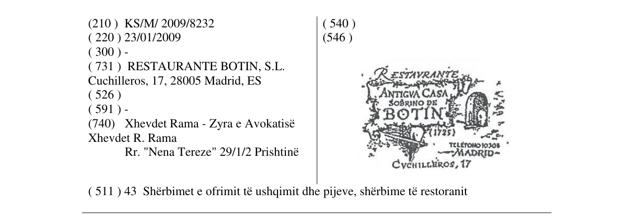 Zëri i markës RESTAVRANTE ANTIGVA CASA SOBRINO DE BOTIN (1725) në buletin