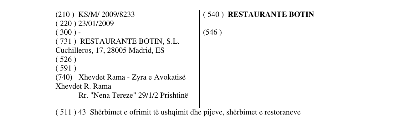 Zëri i markës RESTAURANTE BOTIN në buletin