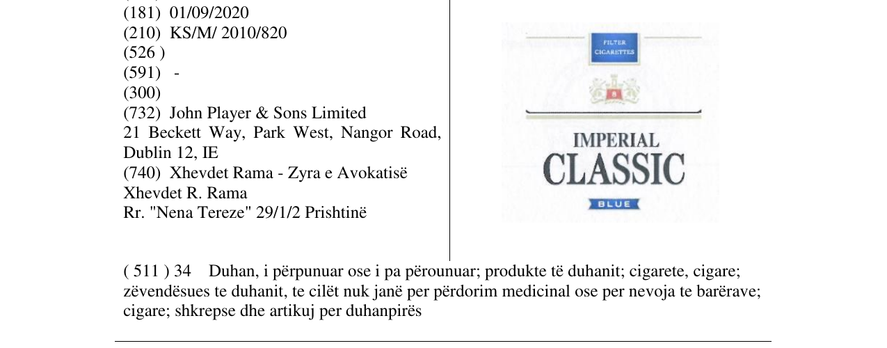 Zëri i markës IMPERIAL CLASSIC në buletin