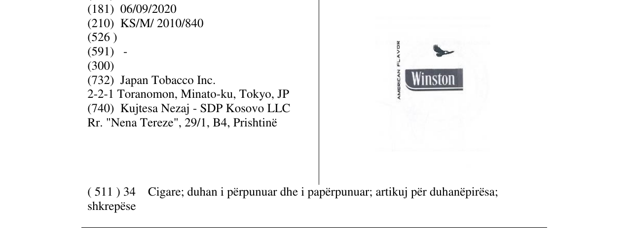 Zëri i markës Winston AMERICAN FLAVOR në buletin