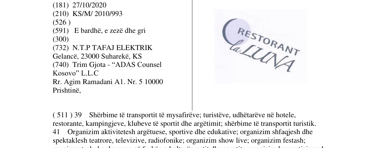 Zëri i markës RESTORANT la LUNA në buletin