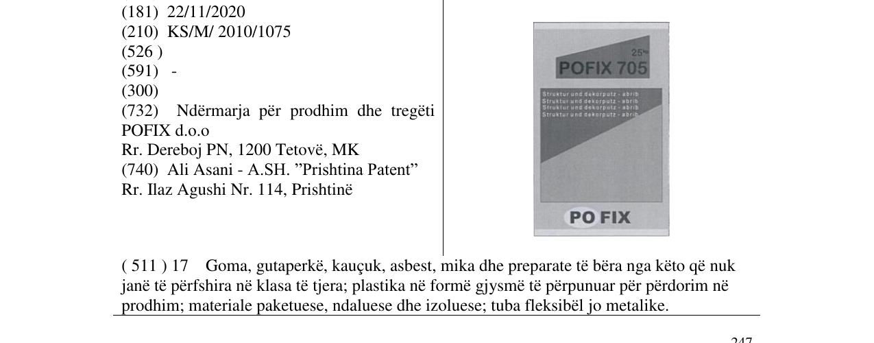 Zëri i markës POFIX 705 në buletin