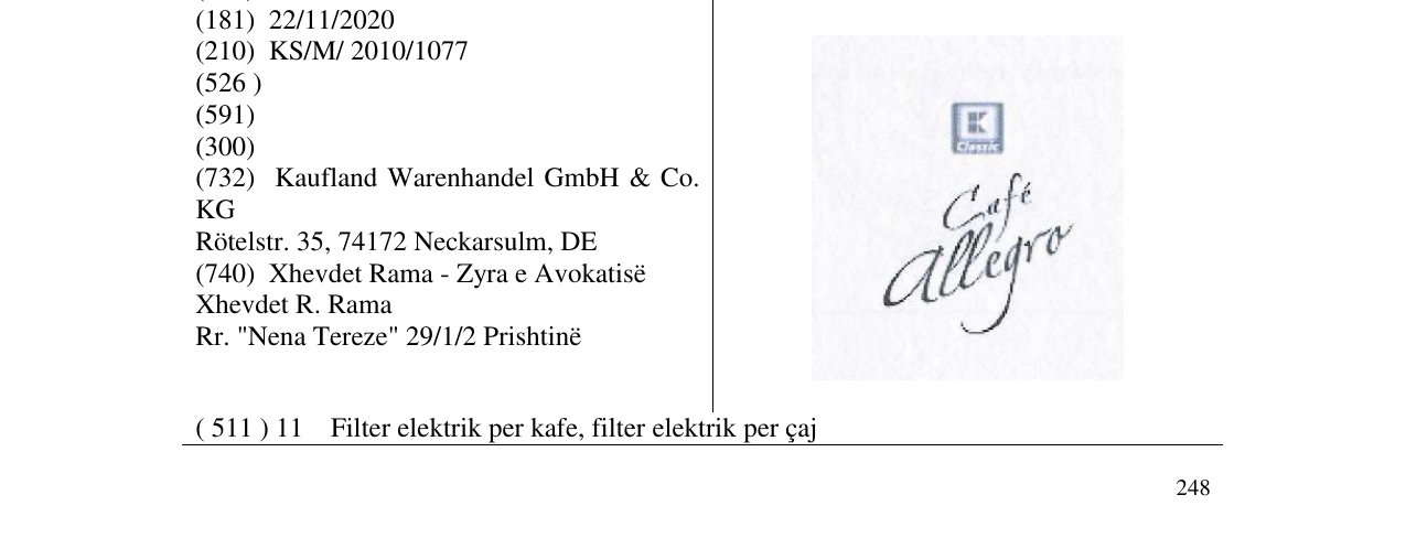 The entry of the trademark Cafe allegro in the bulletin