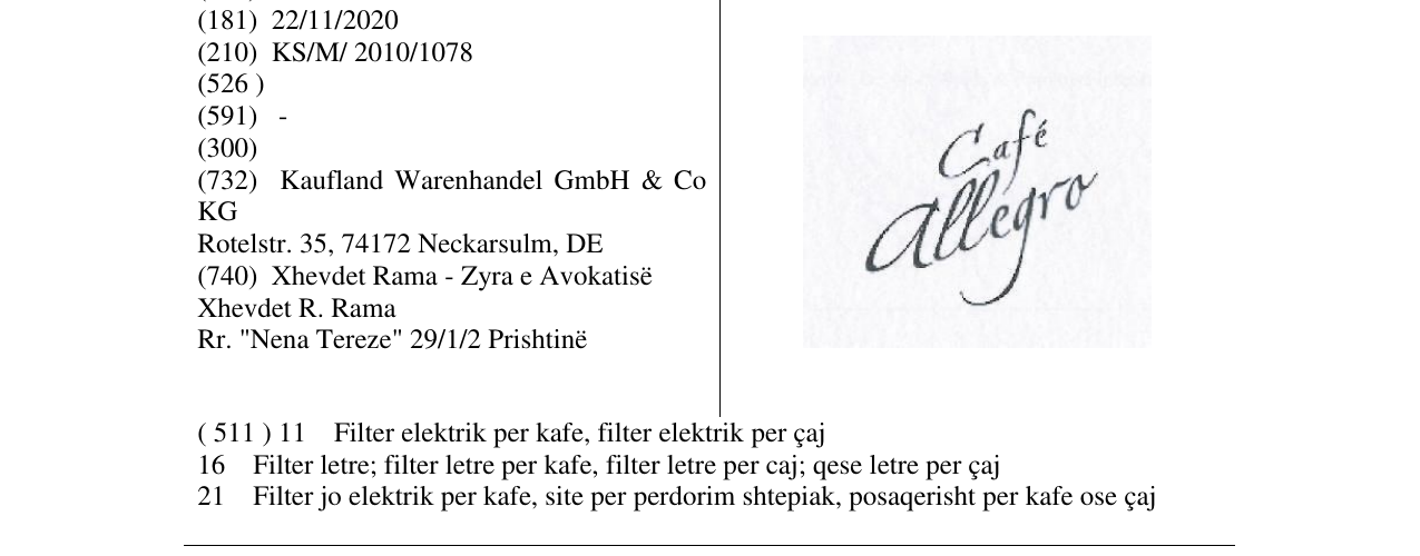 Zëri i markës Cafe allegro në buletin